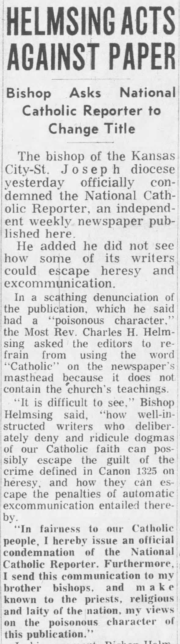 Bishop Helmsing condemns National Catholic Reporter