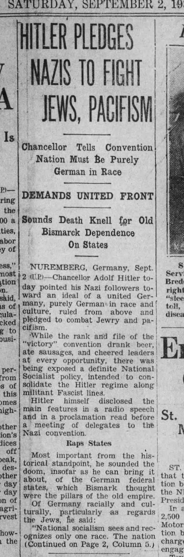 Hitler Pledges Nazi's To Fight Jews, Pacifism