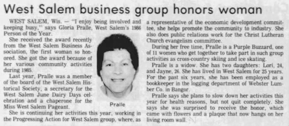 1986 First Female Woman West Salem Business Association Person of the Year