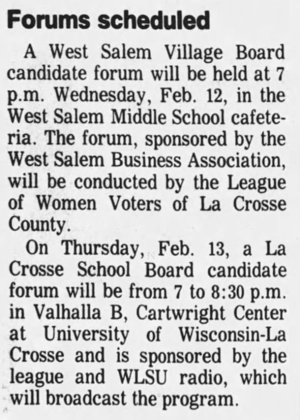 1992 School Board Candidate Forum Sponsored by West Salem Business Association