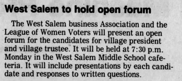 1993 West Salem Business Association Sponsors Candidate Forum for Village President