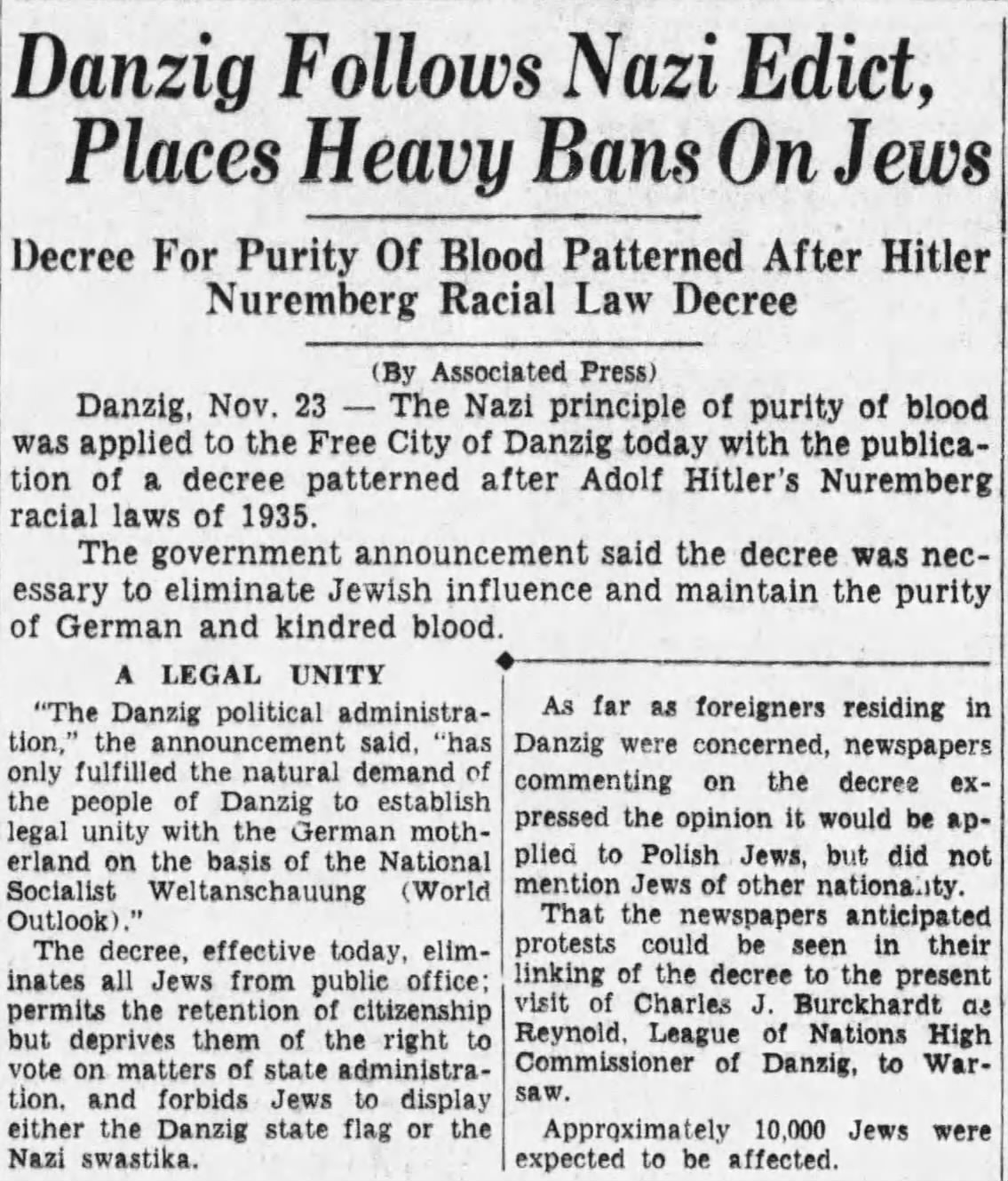 Danzig Follows Nazi Edict, Places Heavy Bans On Jews