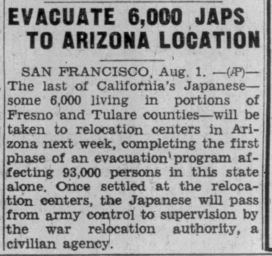 Evacuate 6,000 Japs To Arizona Location