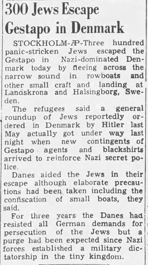 300 Jews Escape Gestapo in Denmark