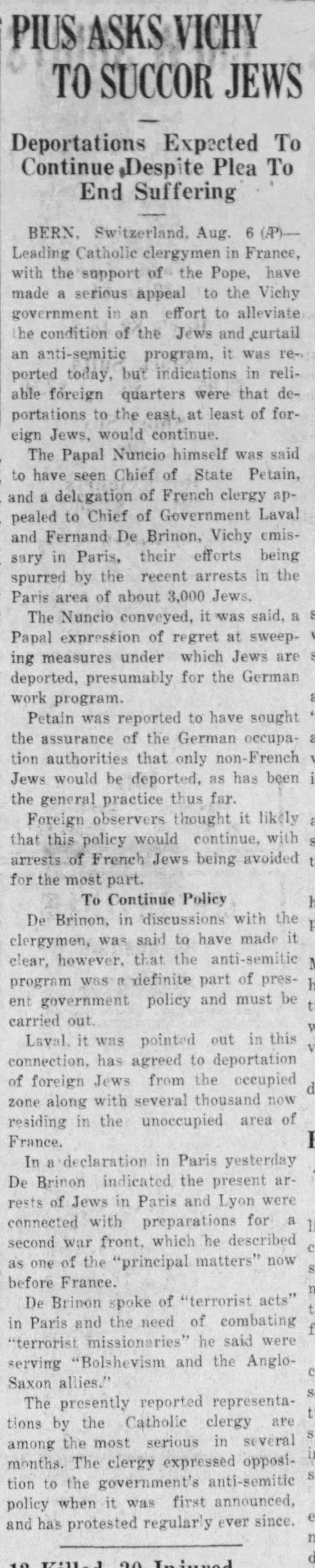 Pius Asks Vichy To Succor Jews
