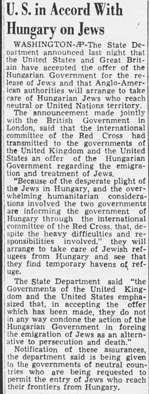 U.S. in Accord With Hungary on Jews