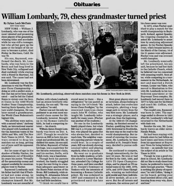 William Lombardy, 79, chess grandmaster turned priest