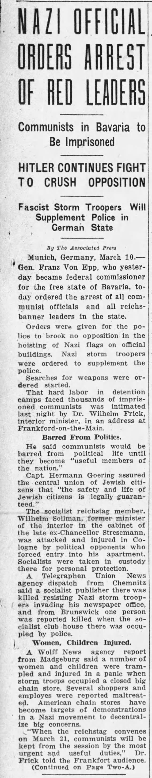 Nazi Official Orders Arrest Of Red Leaders