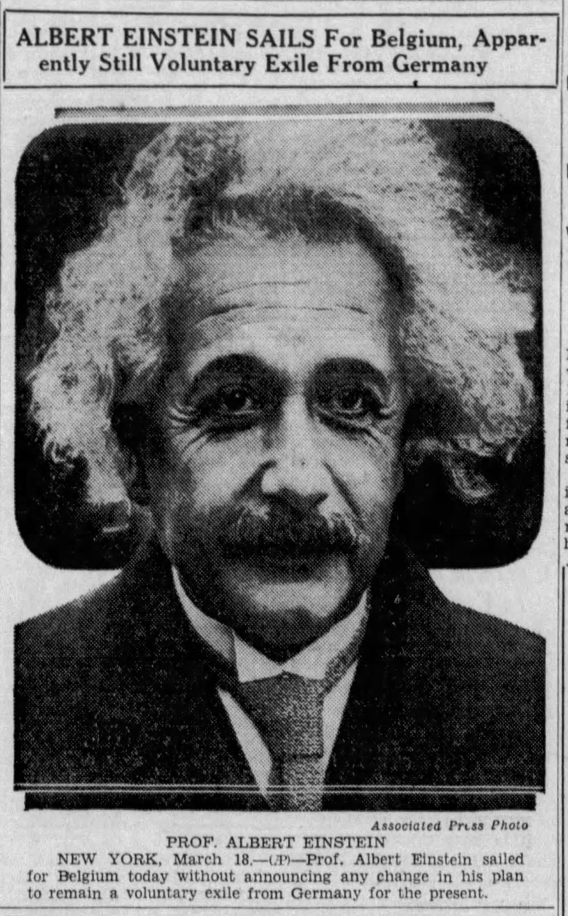 Albert Einstein Sails For Belgium, Apparently Still Voluntary Exile From Germany