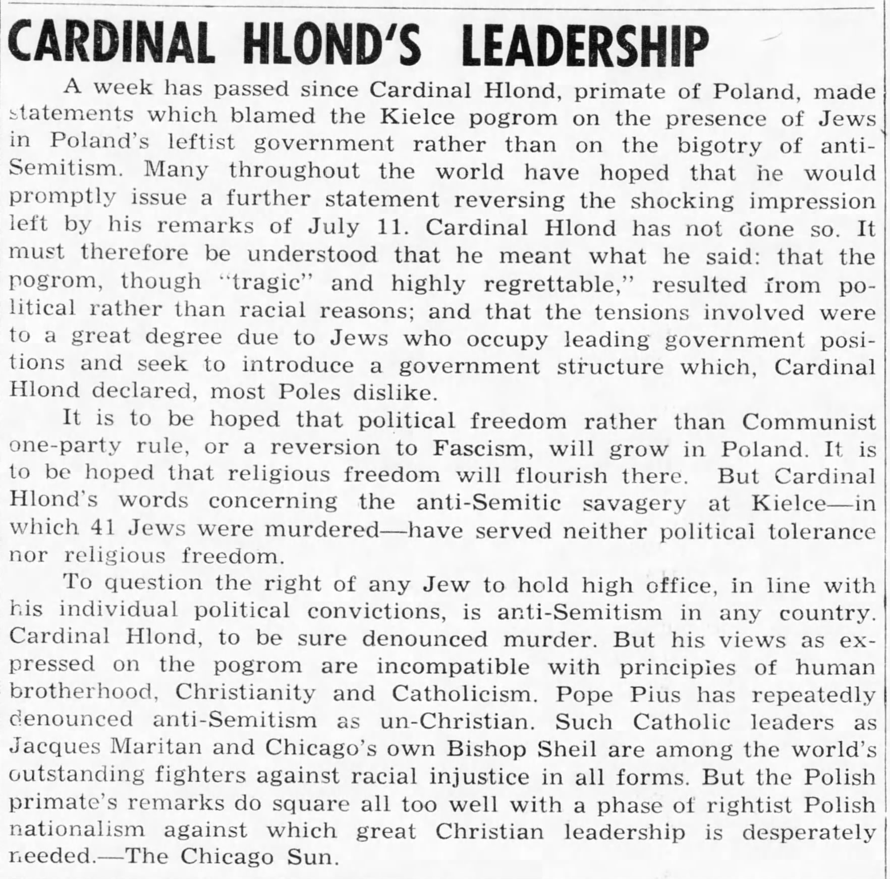 Cardinal Hlond's Leadership