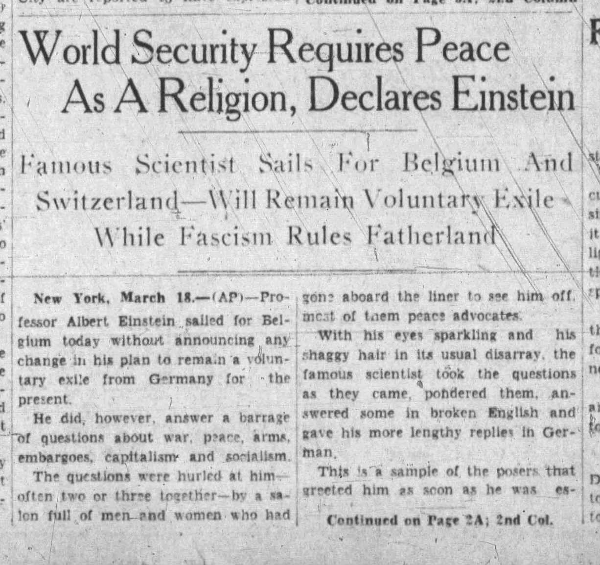 World Security Requires Peace As A Religion, Declares Einstein