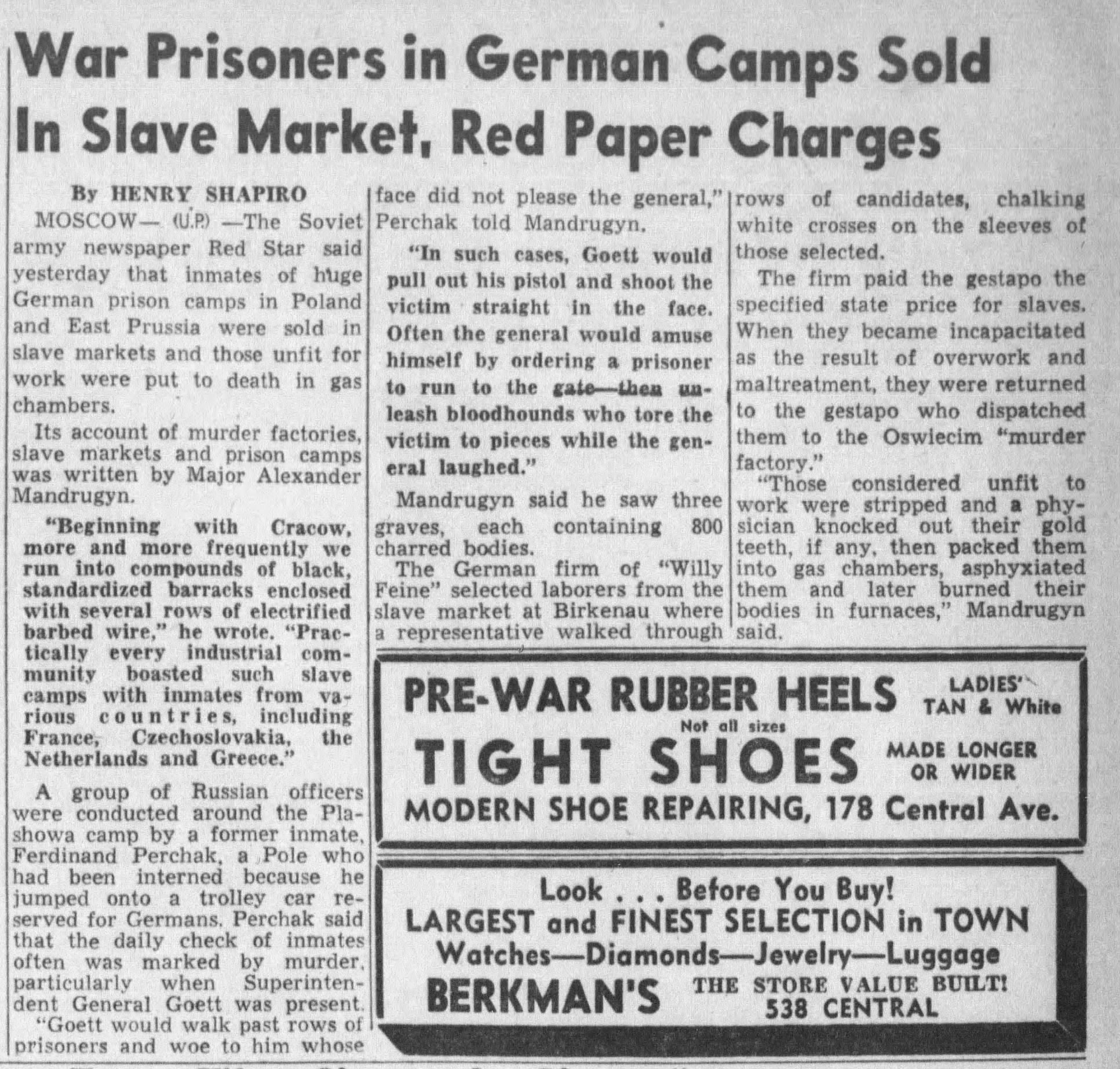 War Prisoners in German Camps Sold In Slave Market, Red Paper Charges