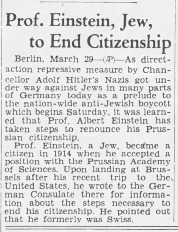 Prof. Einstein, Jew, to End Citizenship