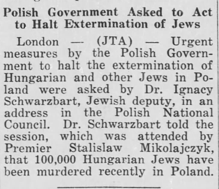 Polish Government Asked to Act to Halt Extermination of Jews