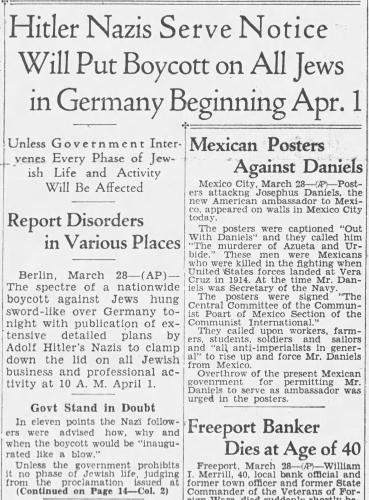 Hitler Nazis Serve Notice Will Put Boycott on All Jews in Germany Beginning Apr. 1
