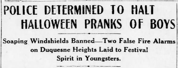 Halloween pranks headline, 1923
