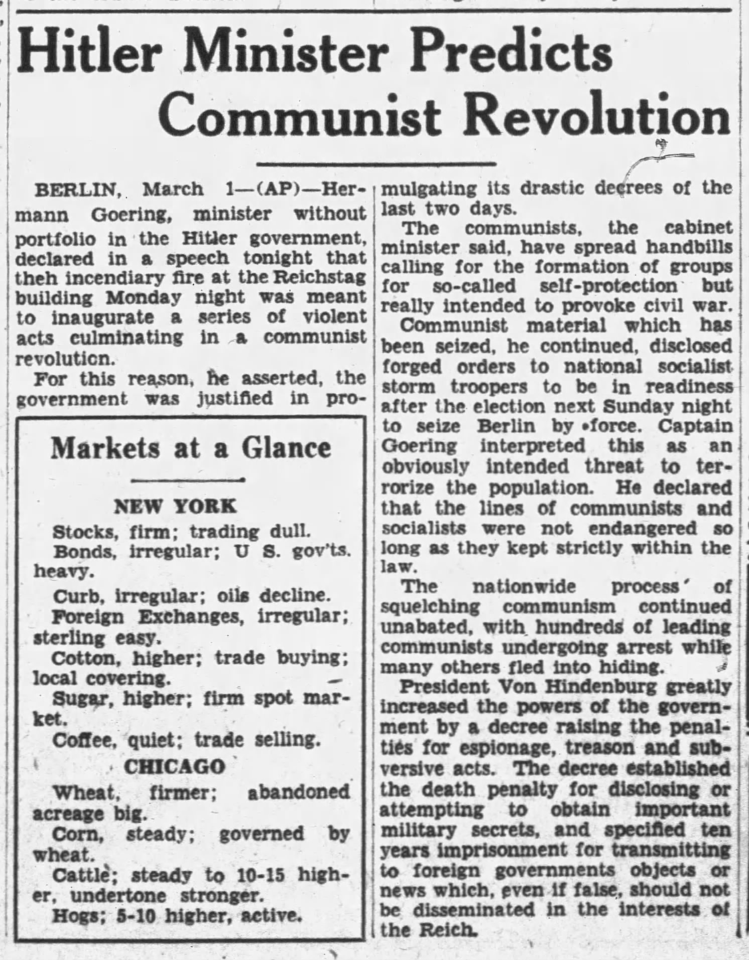 Hitler Minister Predicts Communist Revolution