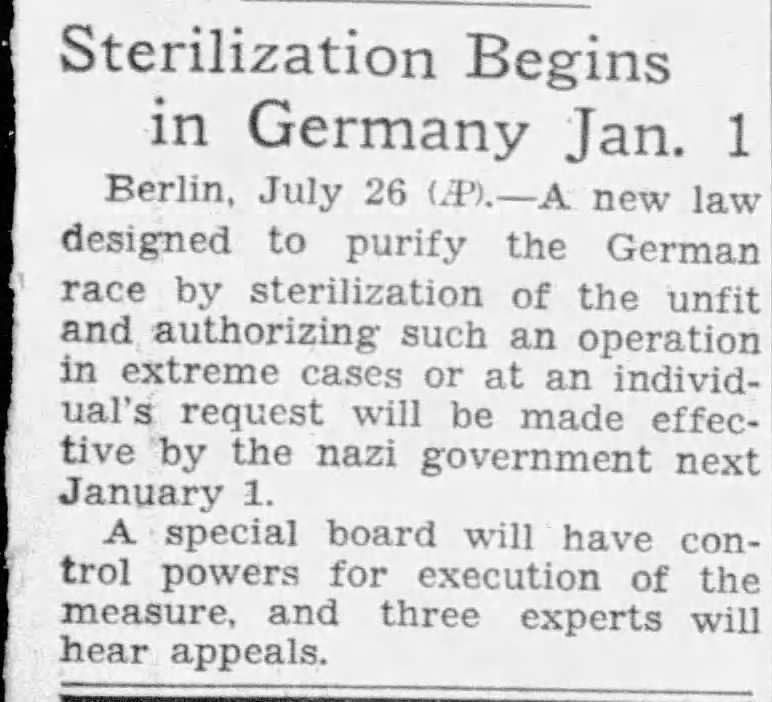 Sterilization Begins in Germany Jan. 1