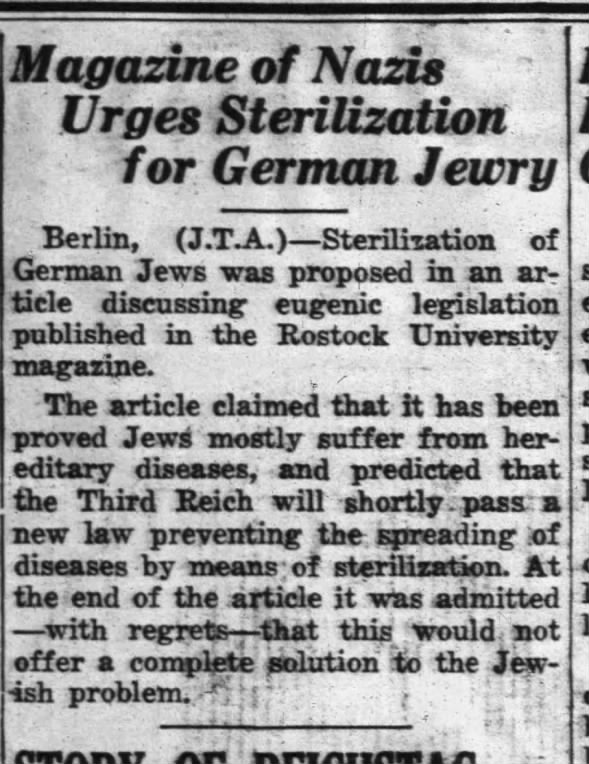 Magazine of Nazis Urges Sterilization for German Jewry