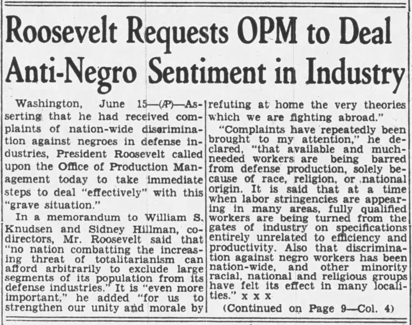 Roosevelt Requests OPM to Deal Anti-Negro Sentiment in Industry