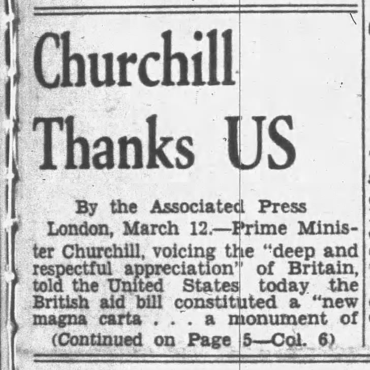 Churchill Thanks US