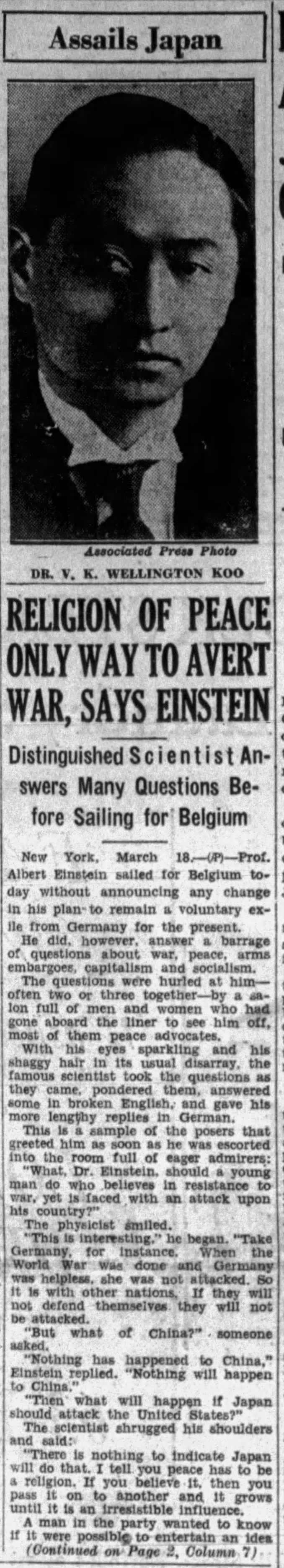Religion of Peace Only Way To Avert War, Says Einstein