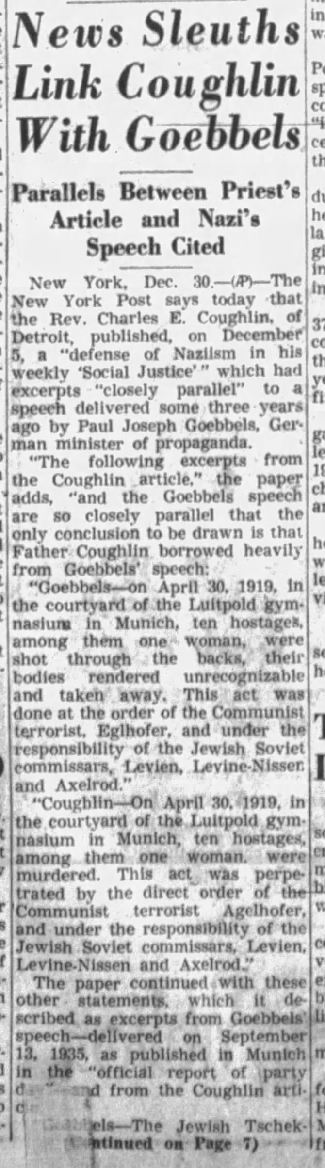 News Sleuths Link Coughlin With Goebbels