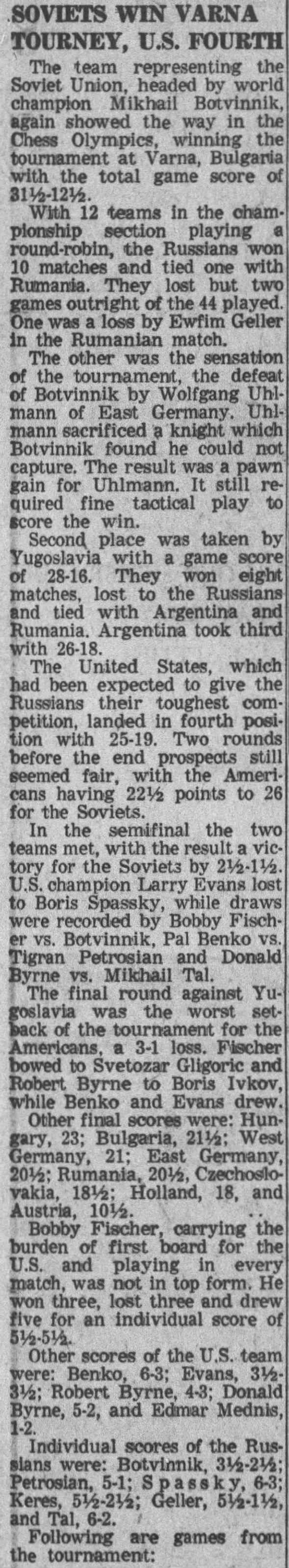 Soviets Win Varna Tourney; U.S. Fourth
