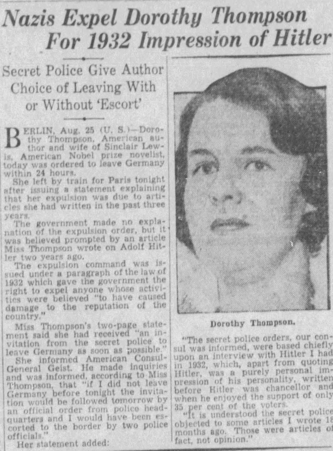 Nazis Expel Dorothy Thompson for 1932 Impression of Hitler