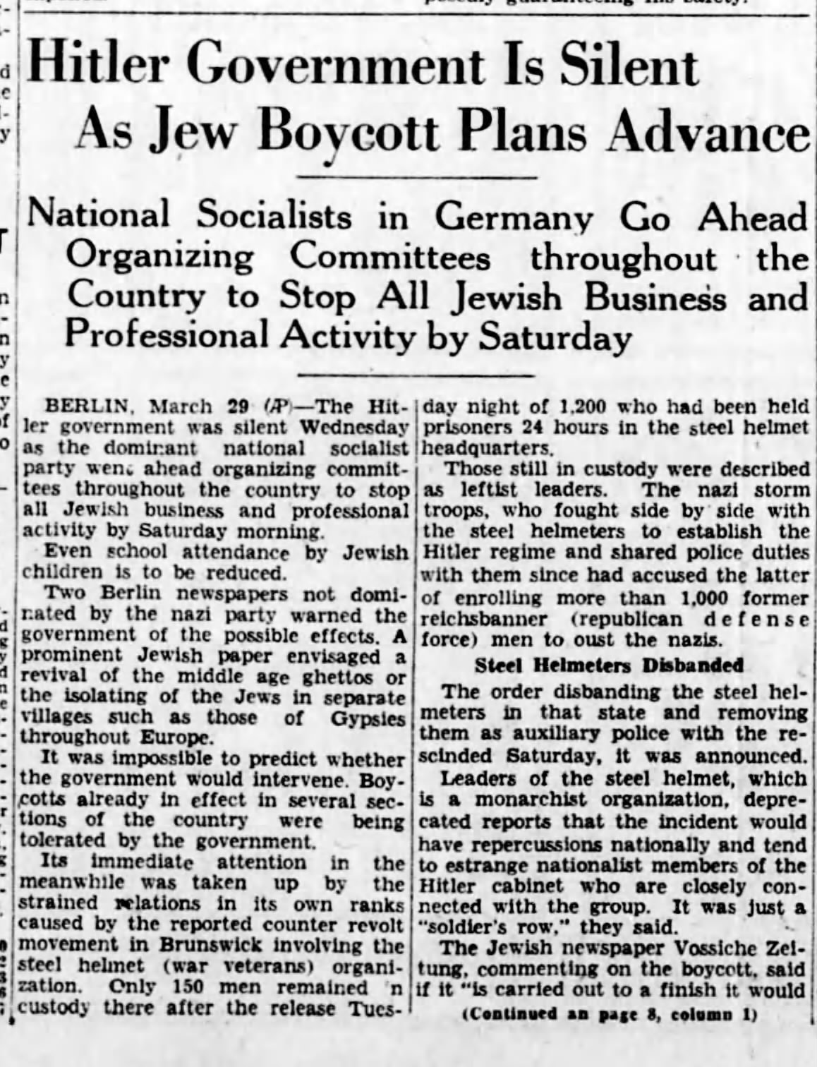 Hitler Government is Silent as Jew Boycott Plans Advance