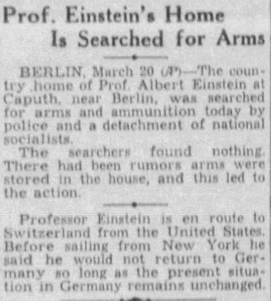 Prof. Einstein's Home is Searched for Arms