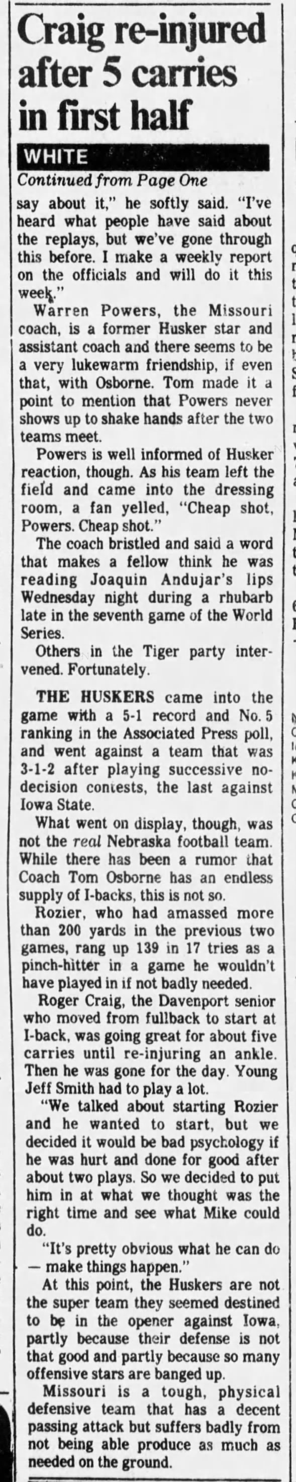1982 Nebraska-Missouri, Des Moines Register, Maury White column part 2