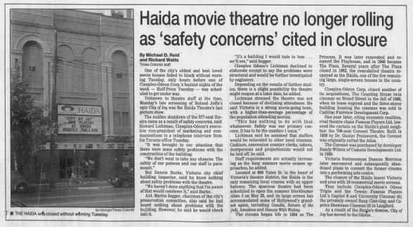 Haida Theatre closure May 12 1992