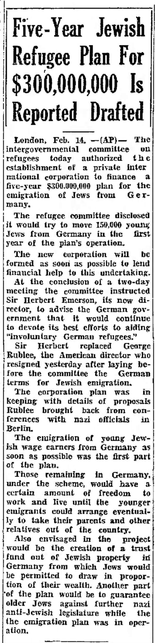 Five-Year Jewish Refugee Plan for $300,000,000 Is Reported Drafted