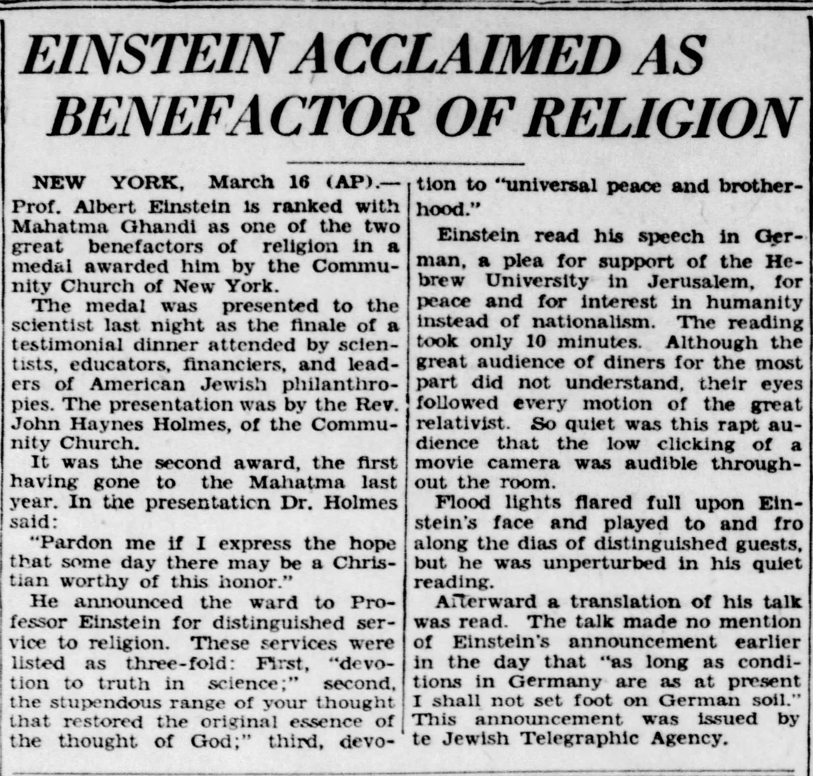 Einstein Acclaimed As Benefactor Of Religion