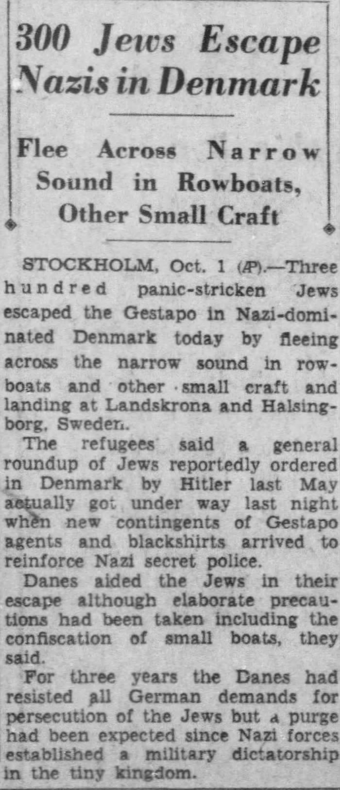 300 Jews Escape Nazis in Denmark