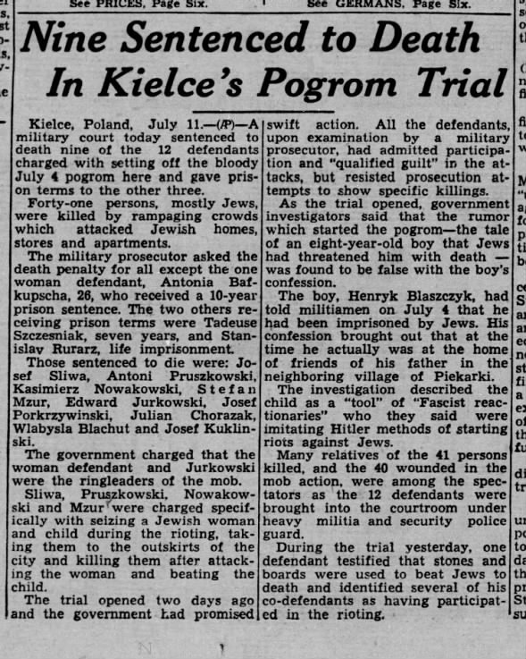 Nine Sentenced to Death in Kielce's Pogrom Trial