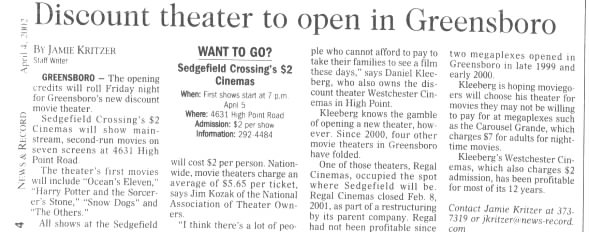 Sedgefield Crossing Cinemas 7 reopening