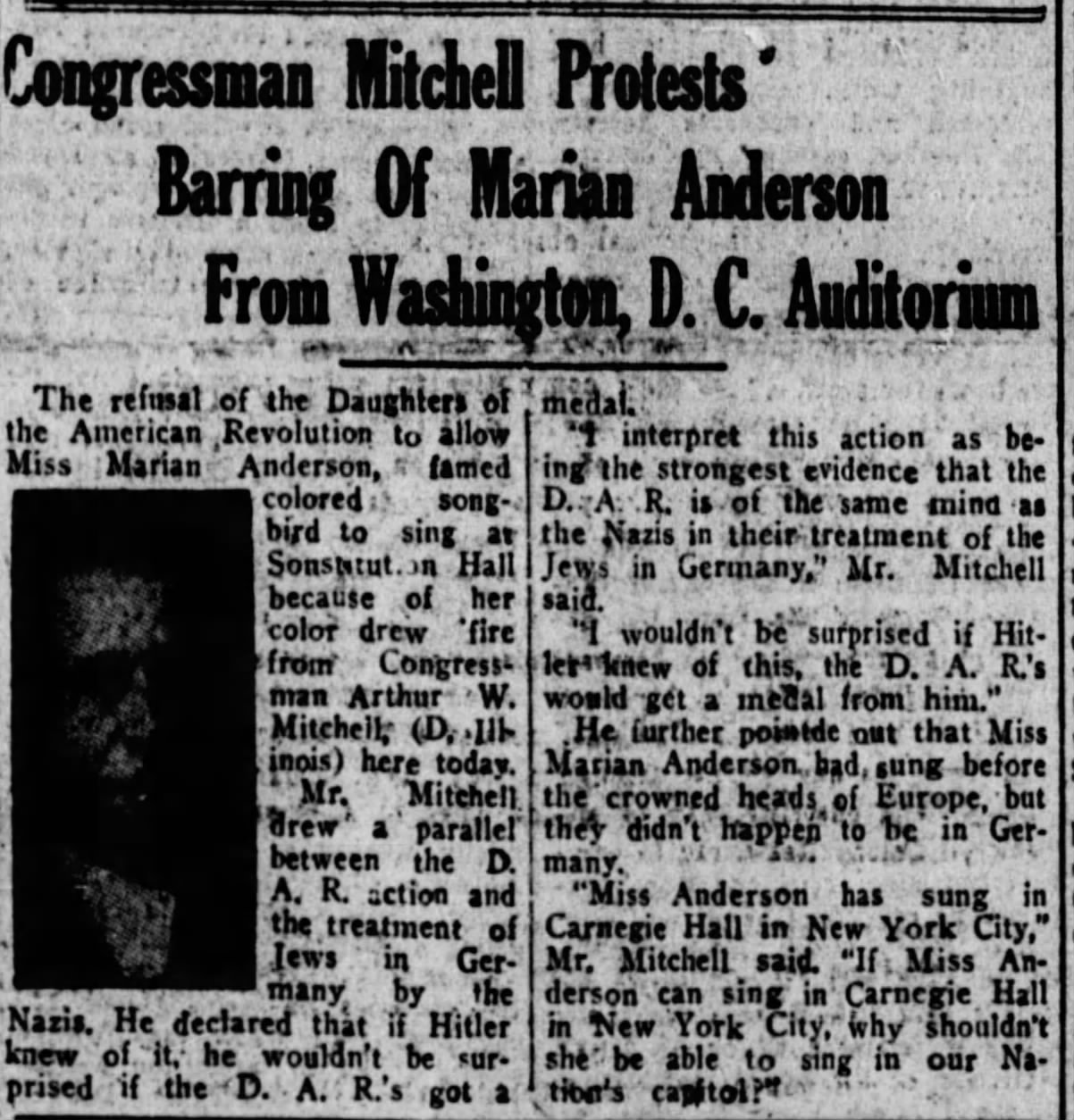 Congressman Mitchell Protests Barring of Marian Anderson From Washington, D.C. Auditorium