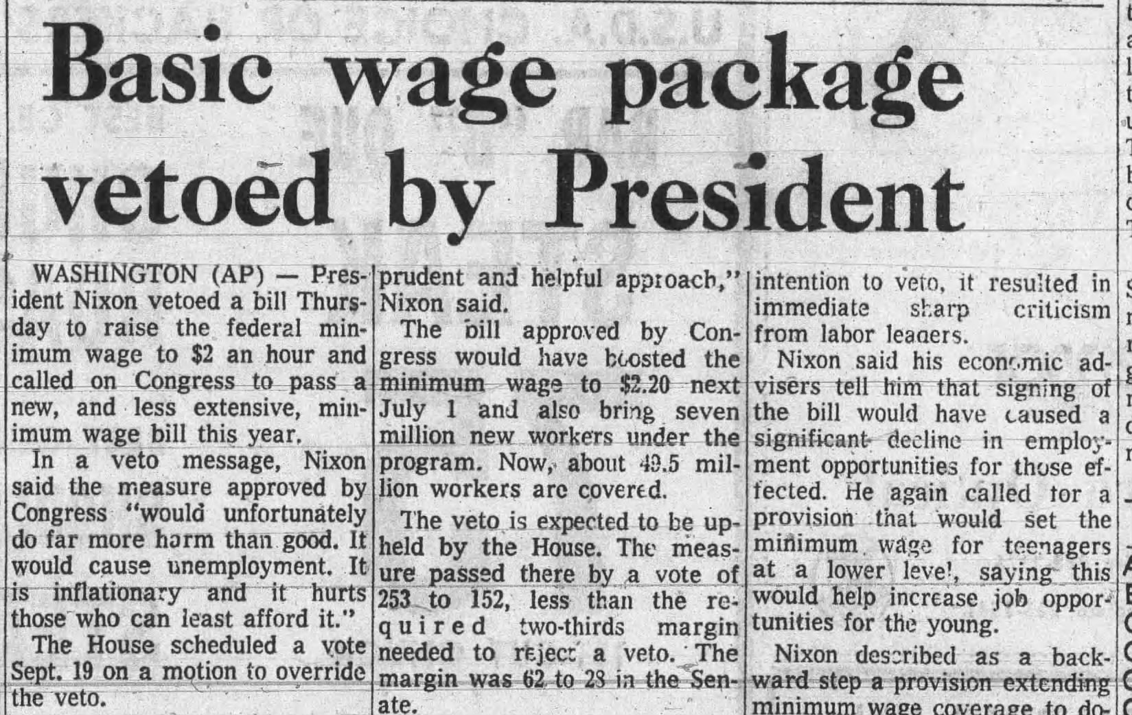 Basic Wage Package Vetoed By President