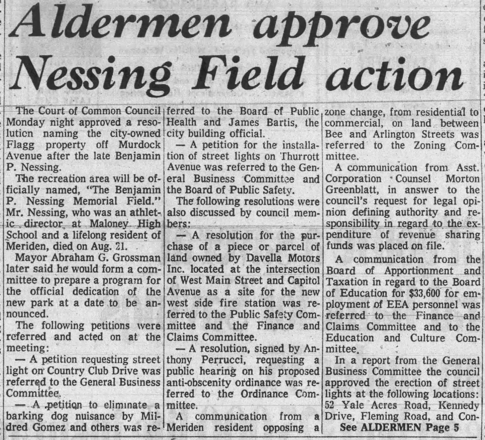 Alderman approve Nessing Field Action