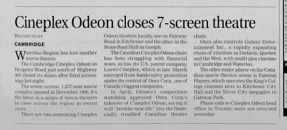 Cineplex Odeon Cambridge closed.
