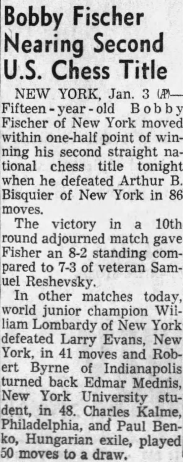 Bobby Fischer Nearing Second U.S. Chess Title