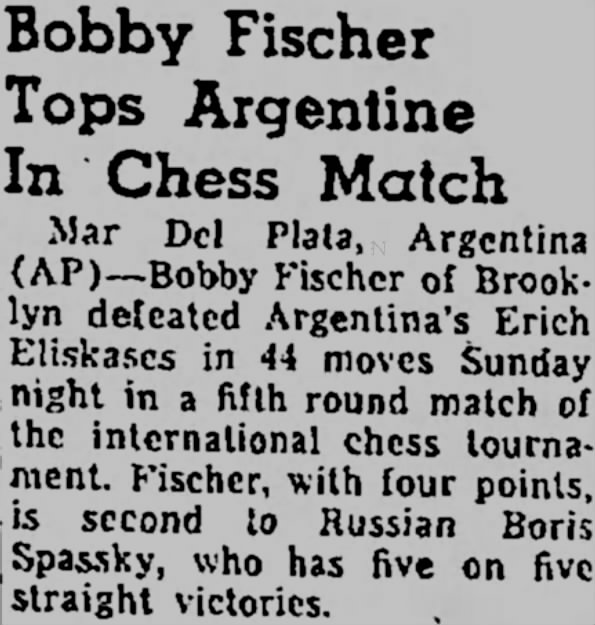 Bobby Fischer Tops Argentine In Chess Match