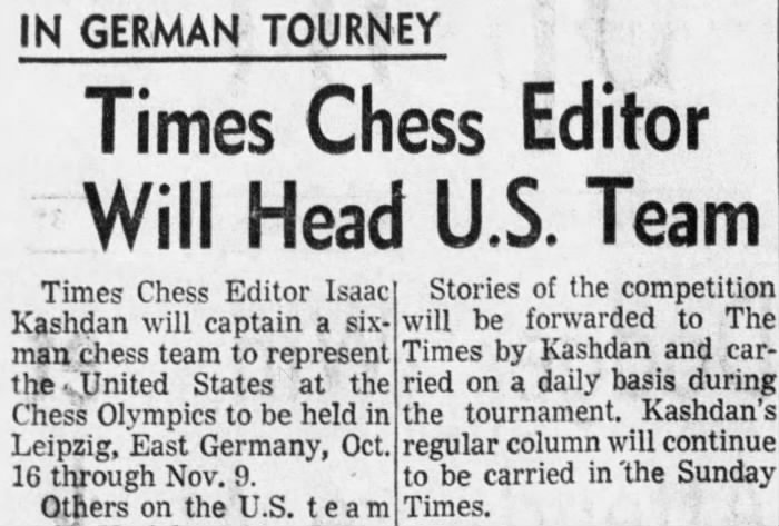 In German Tourney: Times Chess Editor Will Head U.S. Team