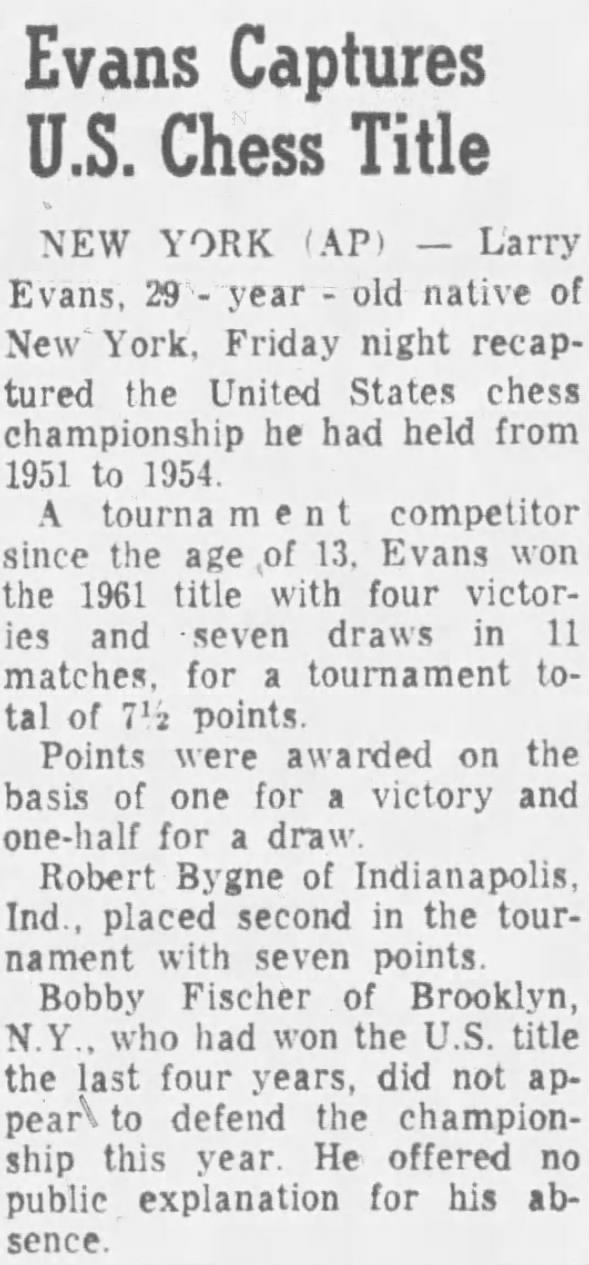 Evans Captures U.S. Chess Title