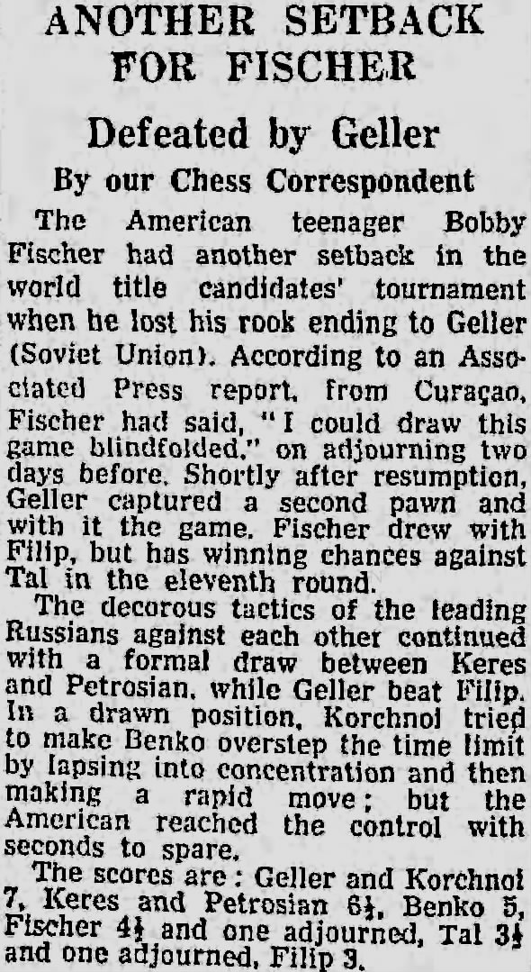 Another Setback For Fischer: Defeated by Geller