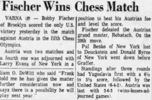 Fischer Wins Chess Match