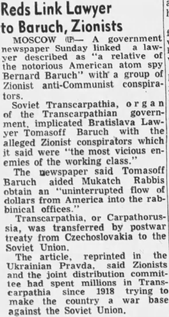 Reds Link Lawyer to Baruch, Zionists