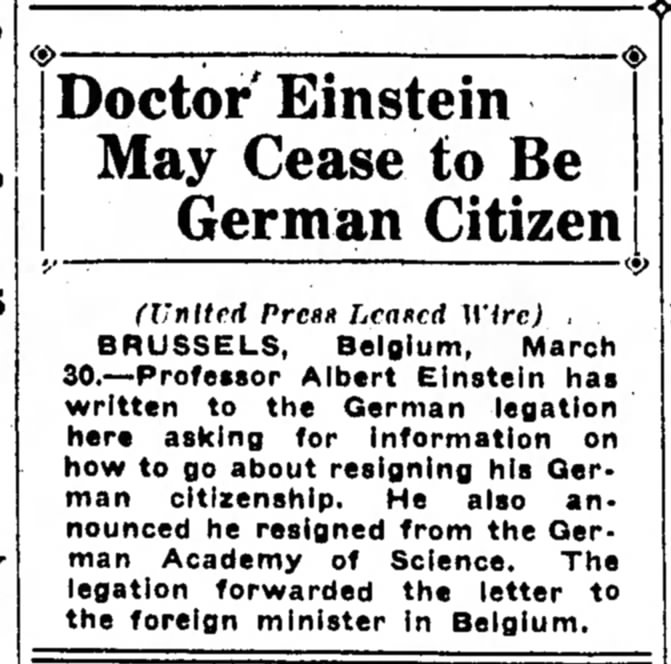 Doctor Einstein May Cease to be German Citizen